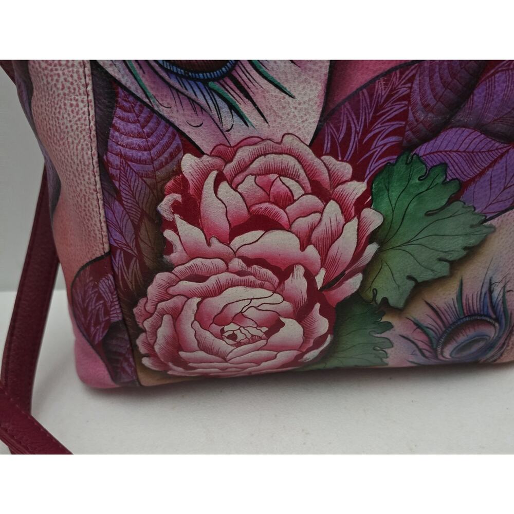 Anuschka Peacock/Rose Hand Painted Leather Crossbody/Shoulder Bag-Rosie Reverie - Picture 3 of 16